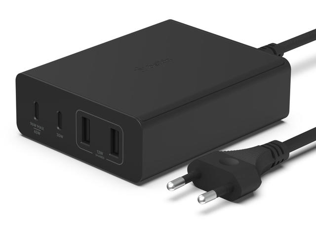 Зарядни устройства Belkin 108W 4-портово USB GaN зарядно устройство за настолни компютри (Dual C и Dual A) и 2-метров кабел - черно