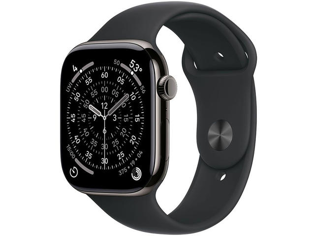 Смарт часовници Apple Watch S11 GPS + Cellular 42mm Slate Titanium Case with Black Sport Band - M/L